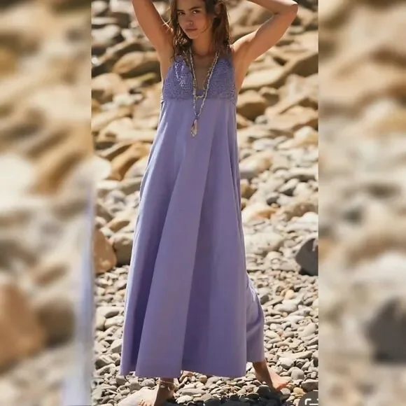 New Free People - XL - Crochet Lovey Maxi Dress In Periwinkle - Picture 1 of 7